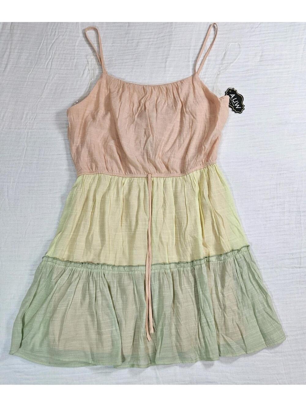 New Large A.U.W Mini Dress Pastel Pink/Yellow/Green Spaghetti Straps Lined